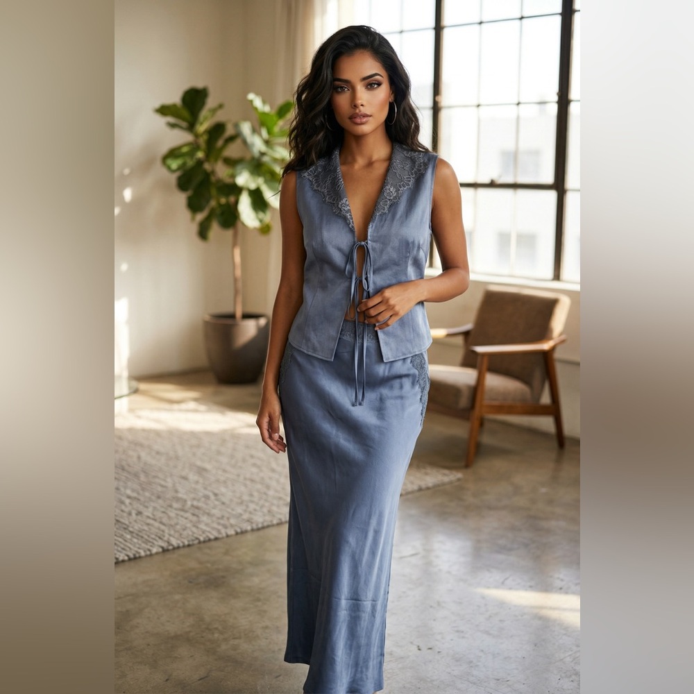 NEW Brenda Knight x Free People 2 Piece Set Satin Vest Top Maxi Skirt Size Small
